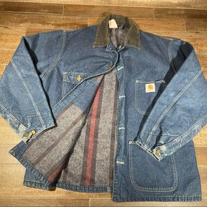 VTG CARHARTT Men's L Blanket Lined Barn Chore Jean Jacket Button Up Blue Denim